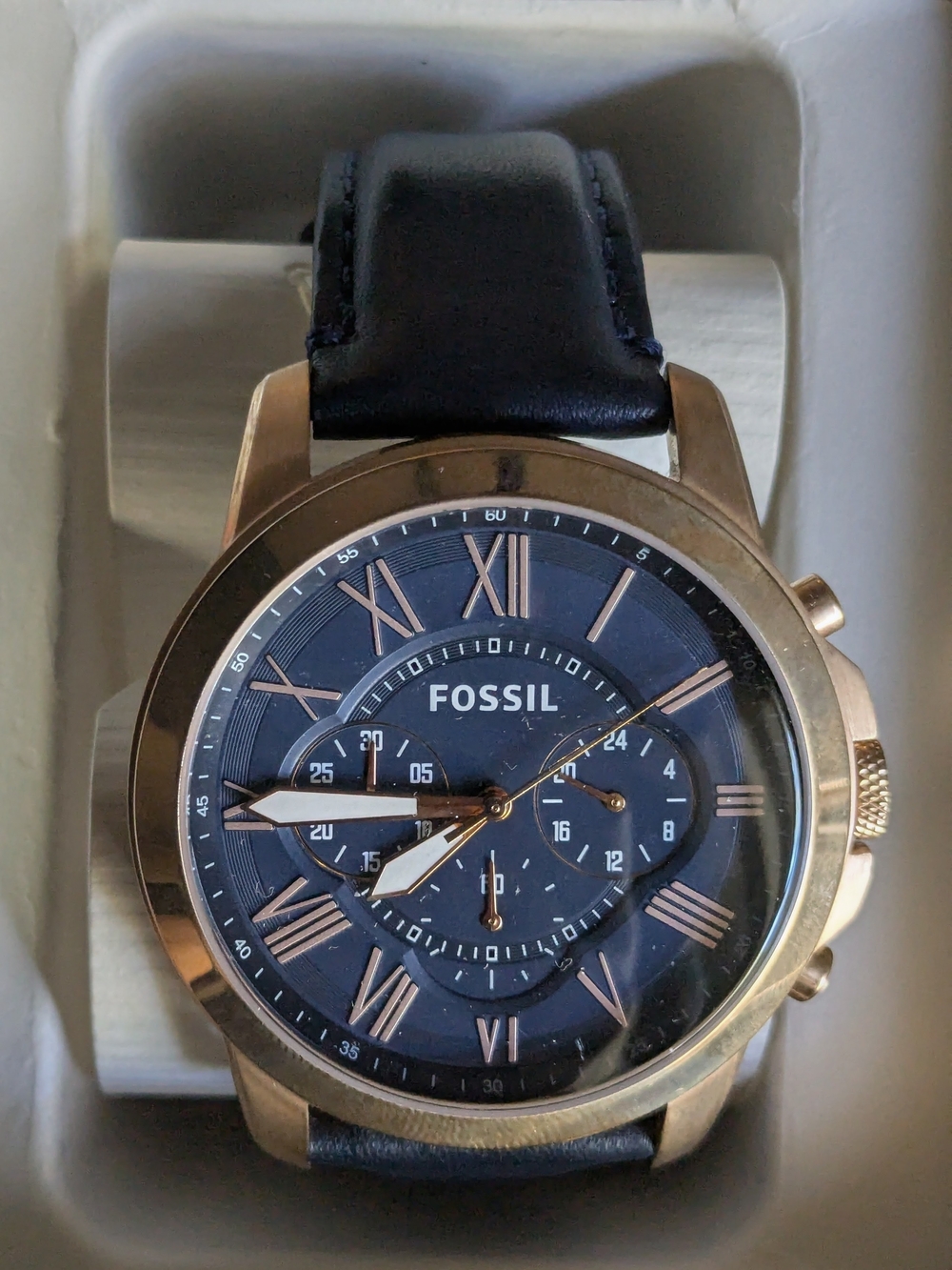 Fossil Men's Grant Blue Dial & Leather Strap Watch with Rose Gold Case